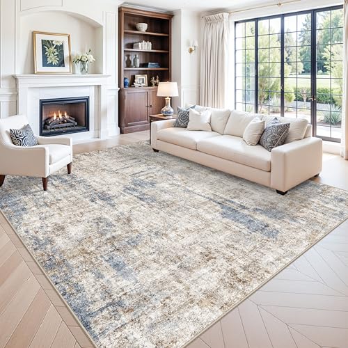 10x10 ft Square Living Room Rug – Washable Modern Abstract Area Rug for Bedroom, Dining Room, Playroom – Neutral Non-Slip Low-Pile Thin Indoor Carpet(Blue Brown)