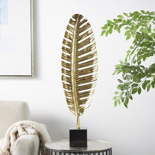Escultura Decorativa de Hoja de Metal Dorado con Base de Mármol Negro miniatura 2