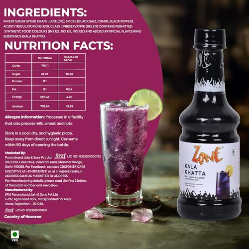 Image of Zone Kala Khatta syrup 300ml | Nostalgic Tanginess with a Modern Twist | Ideal for Mocktails, Cocktails, Lemonades, Iced Teas & More | 35+ Flavours (Pack of 3)