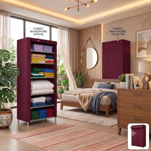 Image of YouCopia Collapsible Wardrobe 6 Shelves Storage Clothes Storage Rack Quick Wardrobe /Cabinet /Multipurpose Storage Rack, Foldable, Collapsible Fabric Organizer for Home Office (Maroon, 6-Layer)