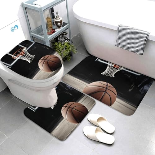 Dwrepo Basketball Print Bathroom Rug Set 3 piece with Non-Slip U-Shaped Contour Mat and Toilet Lid Cover for Bathroom Decoration