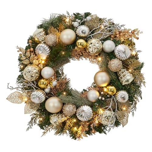 Garveehome 24 In Christmas Wreath With Lights for Front Door, Pre-Lit Christmas Wreath, Battery Operated, Lighted Xmas Door Wreath with Ball Ornaments for Christmas Door Fireplace Decor, Gold & Silver