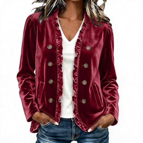 Velvet Jacket Women Velour Button Front Jackets Ruffle Trim Velvet Blazer - image 3