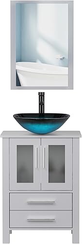 Miniatura 8 de UEV Tocador de baño gris de 24 pulgadas con fregadero de vidrio templado, grifo ORB y combo de espejo de alta definición, tocador de MDF con drenaje