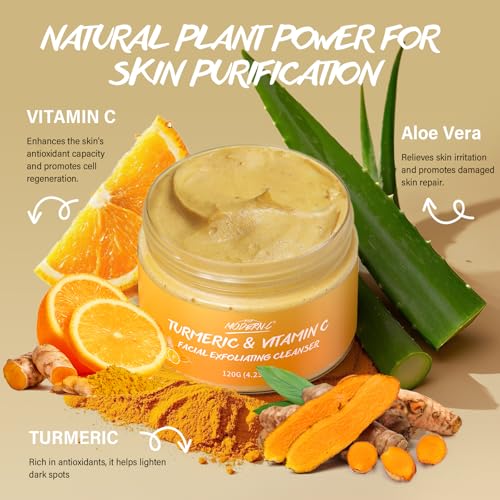 Turmeric Exfoliating Face Wash Vitamin C Facial Cleanser Microdermabrasion Exfoliator Face Scrub Foaming Cleanser Removing Blackhead Acne Moisturizing Soft Natural Skin Care for Women Men - Image 4