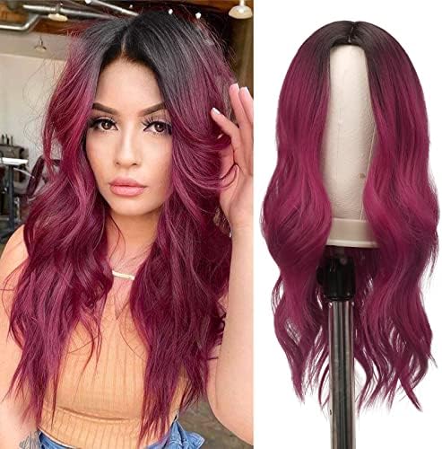 FESHFEN Long Wavy Wine Red Wigs for Women 22 inch Black to Burgundy Wavy Full Wig Middle Parting Wigs Natural Looking Synthetic Wig for Daily Party