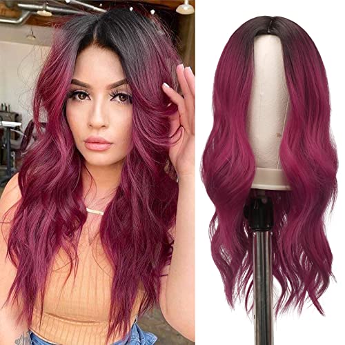 FESHFEN Long Wavy Ombre Burgundy Wigs for Women 22 Inch Middle Parting Natural Looking Synthetic Hair Fashion Curly Wig for Party Cosplay Daily Use