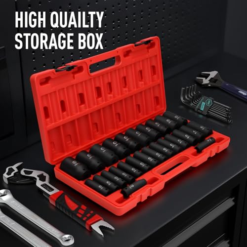 DISEN 26 Pcs Metric 1/2" Impact Socket Set, Deep Sockets Set Impact, 6-Point,Cr-V,Rugged Construction 1/2 Inches Drive Socket 10mm - 36mm, with a Storage Cage
