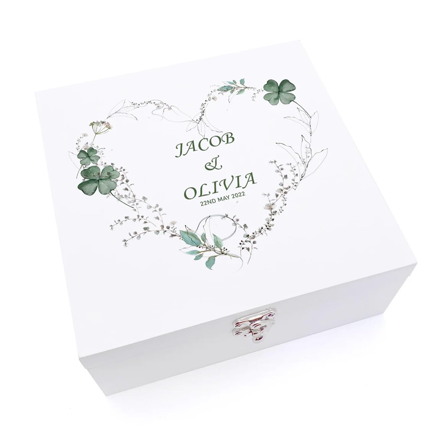 ukgiftstoreonline Personalised Luxury Wooden Wedding Box Keepsakes With Green Clover Leaf Heart (Large)