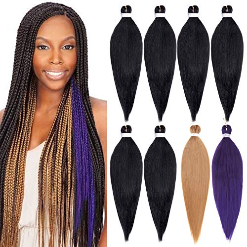 fani 8 Packs Pre-Stretched Braiding Hair 26 Inch Water Setting Synthetic Fiber Yaki Texture Crochet Twist Braiding Hair Extensions for Women (6-1B#+27# and Purple)