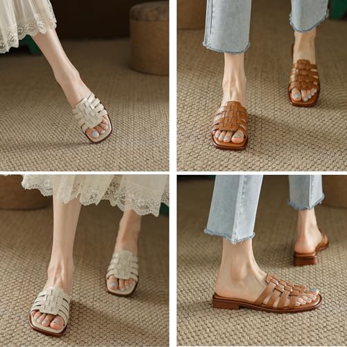 Women's Vintage Leather Flat Open Toe Slip-On Roman Slippers，Outdoor Comfortable Slingback Sandals4