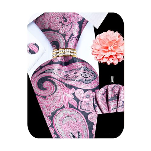 Image of 5PCS Mens Silk Designer Tie, Pocket Square, Cufflinks, Drilled Tie Ring and Lapel Pin Set for Wedding Groom Party