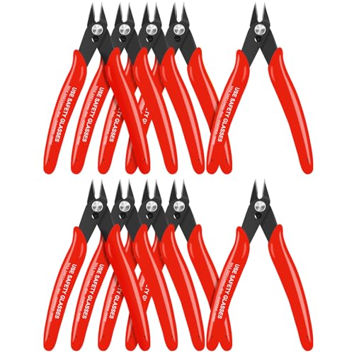 Image of 10 Pcs 170 5-Inch Flush Cutters Bulk, Micro Wire Cutters Spring Loaded, Sharp Zip Tie Cutter for Electronics, Jewelry, Precision Pliers for 3D Print Brackets, Models, Floral, Soft Copper, Red