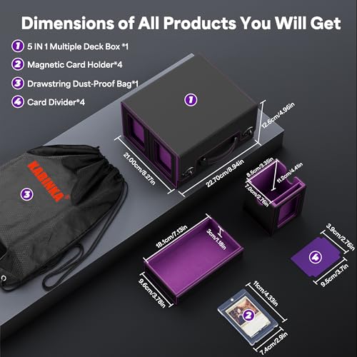 Image of Kabinka Commander Deck Box for MTG with Handle, Multi Deck Case with Large Dice Tray Fits 400+ Double-Sleeved Cards, 5 IN 1 TCG Card Storage Box with Commander Display, 35PT Card Holder (Black Purple)