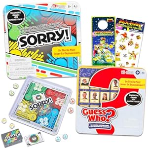 Magnetic Game Travel Set for Kids – Bundle with 2 Travel Games in Tin Featuring Sorry, Guess Who Plus Stickers, More | Hasbro Travel Games for Kids 8-12