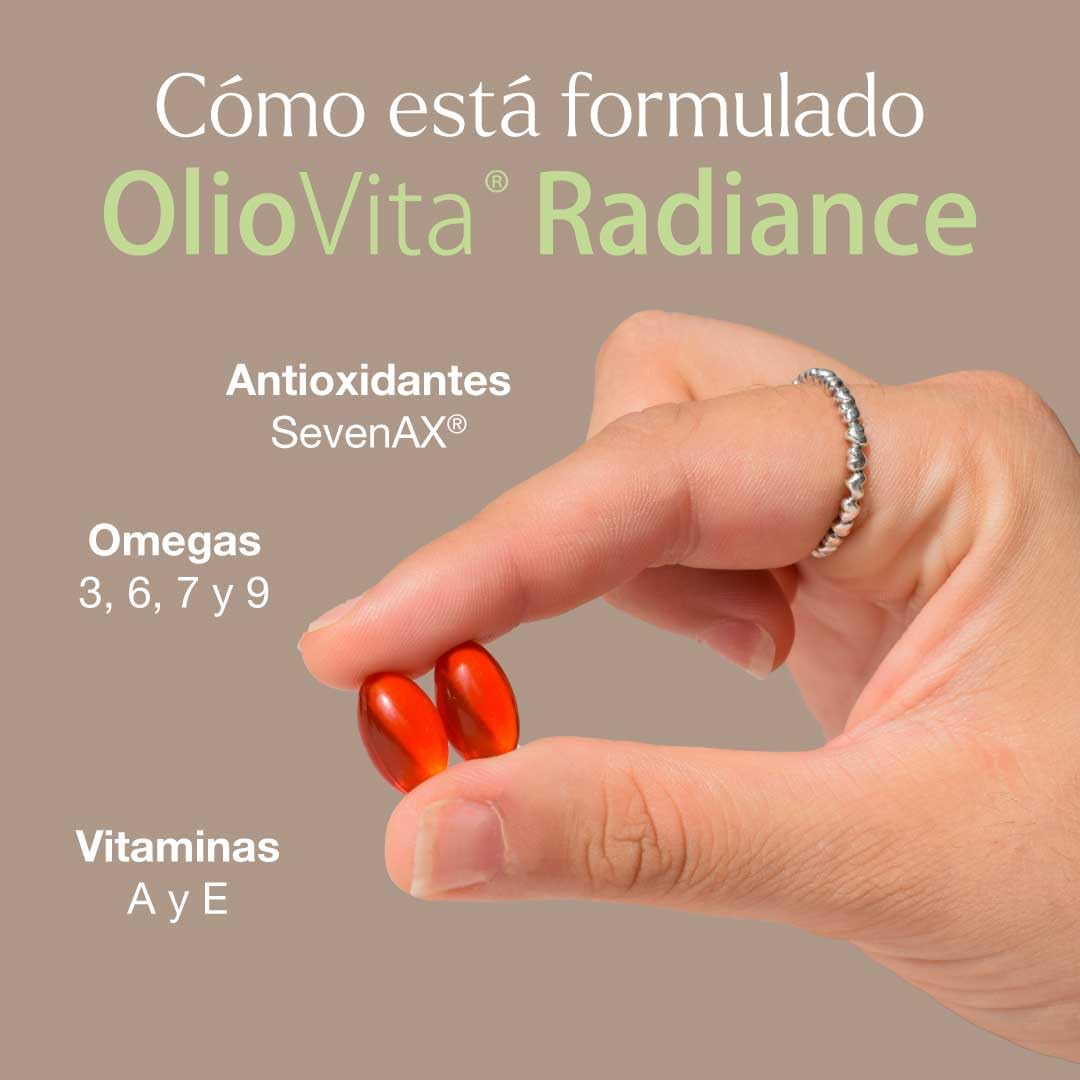 VITAE OlioVita Radiance 120 Cápsulas | Nutricosmética con Aceite de Espino Amarillo Omega 7 | Hidratación, Elasticidad y Luminosidad de la Piel | Fortalece Cabello y Uñas | Vegano y Sin Gluten