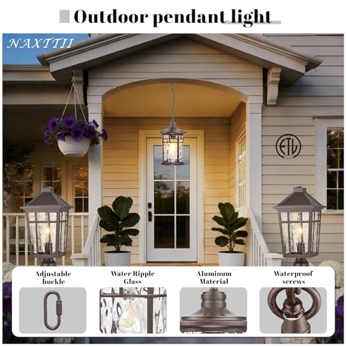 Image of Large Outdoor Pendant Light Dusk to Dawn Hanging Porch Light Anti-Rust Aluminum Exterior Hanging Lighting Fixtures for Front Door Gazebo E26 Socket Oil Rubbed Bronze Finish
