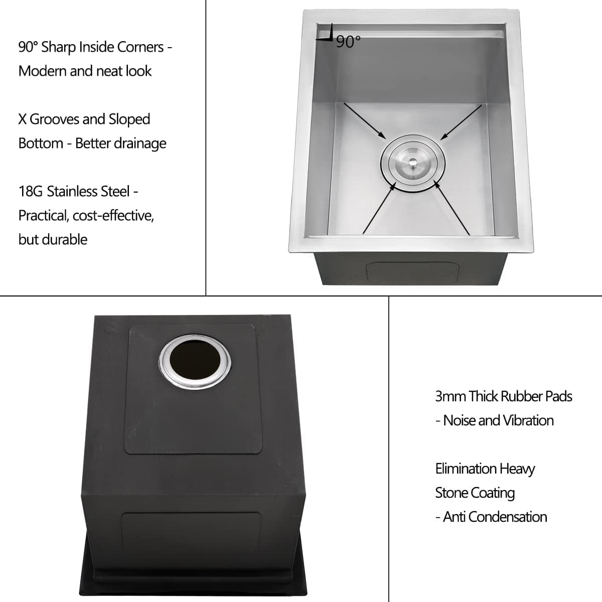 15 Inch Undermount Stainless Steel Kitchen Bar Sink, Luckyhorse 15” x 18” x 9” 18 Gauge Stainless Steel Undermount Workstation Outdoor Small Kitchen Sink LH023L
