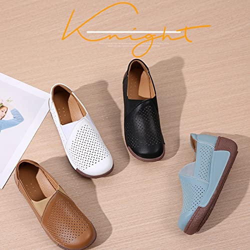 Image of Women's Round Toe Platform Wedge Slip On Loafers, Comfortable Genuine Leather Moccasin Low Top Casual Cutout Loafers.