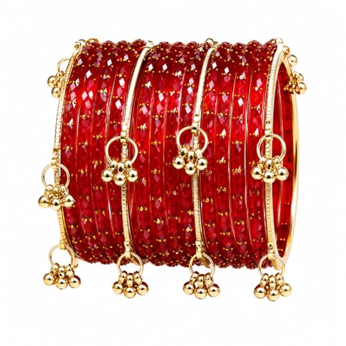 Image of Kaher Kashmiri Glass Bangle with gunghro Set for Women| Traditional, Fancy Glass Chudi Set for Festival, Wedding, and Party (Set Of 16)
