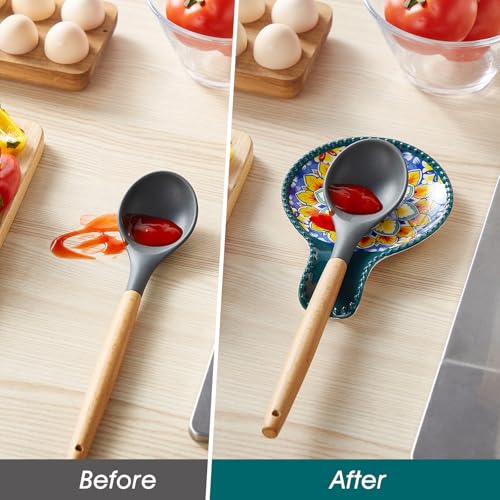 Image of vancasso 7.7 Inch Ceramic Spoon Rest Set of 2, Bohemian Spoon Holder, Dark | Holds Spoons, Spatulas, Ladles, and Tongs, Bohemian Design, Stove Top and Countertop, Dishwasher and Microwave Safe Ceramic