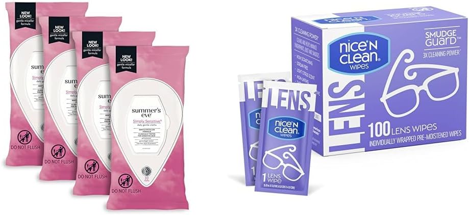 Summer's Eve Simply Sensitive Feminine Wipes, 32 Count (4 Pack) + Nice 'N Clean SmudgeGuard Lens Wipes, 100 Count