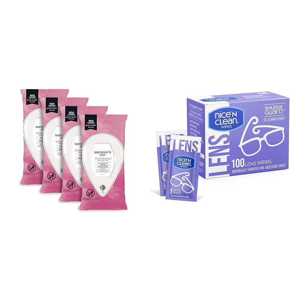 Summer's Eve Simply Sensitive Feminine Wipes, 32 Count (4 Pack) + Nice 'N Clean SmudgeGuard Lens Wipes, 100 Count