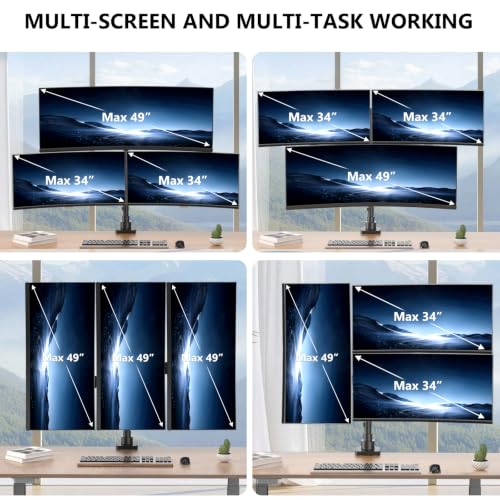 Image of WALI Stacked Triple Monitor Mount for 49 inch UItrawides and Dual 34 inch Monitors | Heavy Duty 3 Monitor Arm up to 33 lbs, Full Motion with Tilt, Swivel, Rotation, C-Clamp & Grommet Base, VESA 75 /100mm, Black