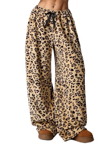 Womens Cheetah Print Fuzzy Fleece Pajama Pants Y2K Leopard Pants with Pockets Fall Winter Warm Pj Bottoms