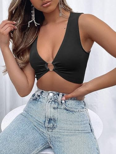 Image of Crop Tops for Women Sleeveless Deep V Neck Workout Top Plunge Ring Cleavage Cropped Tank Top