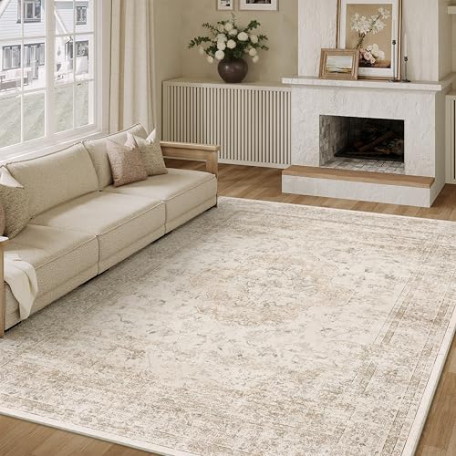 5x7 Washable Area Rug Beige Vintage Distressed Rug for Office Oriental Soft Thin Indoor Retro Carpet Non Slip Low Pile Floor Cover for Living Ding Room Bedroom Laundry Dorm 5' x 7' (Rectangu