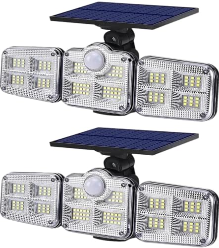 Image of Solar Motion Sensor LED Bright White Light Outdoor for Home Wall Room Balcony Garage Backyard Garden with 122 LEDs and 3 Adjustable Heads and Remote Control (Pack of 2)