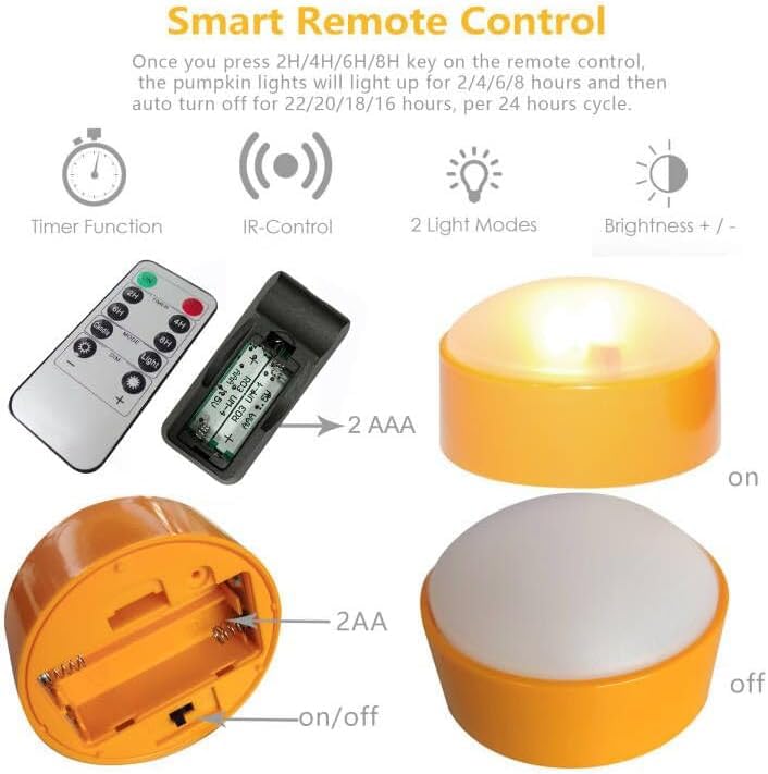 Image of 2 Pack Halloween LED Pumpkin Lights with Remote and Timer Orange Color Flickering Battery Operated Decor Jack-O-Lantern Flameless Electric Candles for Pumpkin Home Outdoor Decorations