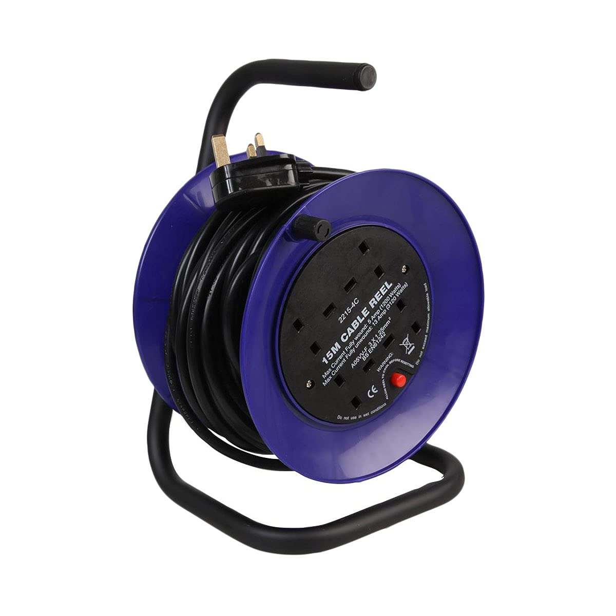Ex-Pro 4 Gang Mini Open Cable Reel Extension Lead with Handle and Thermal Cut Out, 15m, Blue