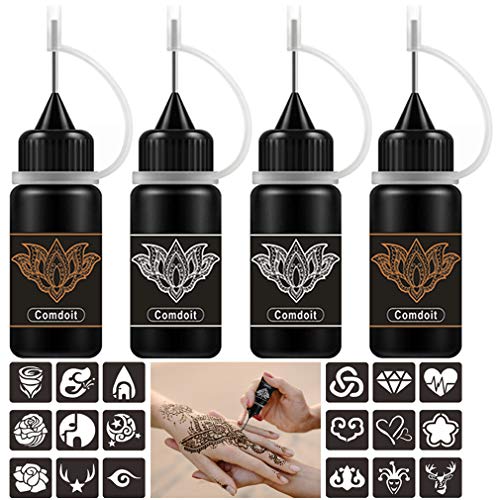 Comdoit Temporary Tattoo Kit Jagua Gel Brown Black Semi Permanent Tattoo Freehand Ink DIY Tattoos Fake Freckles Makeup Body Paint Kit 35 Pcs Free Tattoo Stencils for Women Kids Men (4 Bottles)