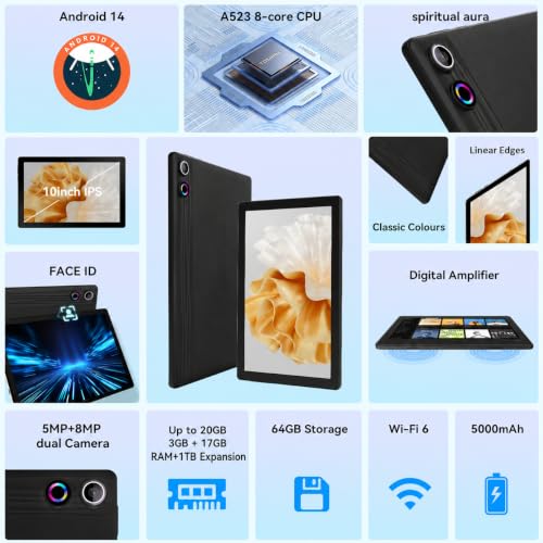 Image of Gleeso Tablet, 10 Inch Android 15 Tablet, 20GB RAM+64GB ROM+ 1 TB TF, 5000mAh Fast Charging Battery, HD Display, Widevine L1, Dual Camera, Face ID, Lightweight Portable Tablet for Work Entertainment