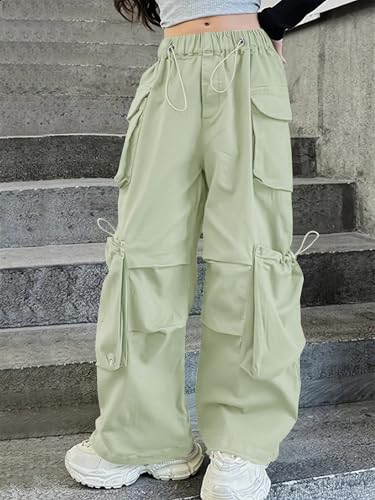 Image of Girls Cargo Pants Wide-Leg Straight Streetwear, 6-14 Years | Elastic Drawstring Vintage Baggy Pants Y2K School Casual