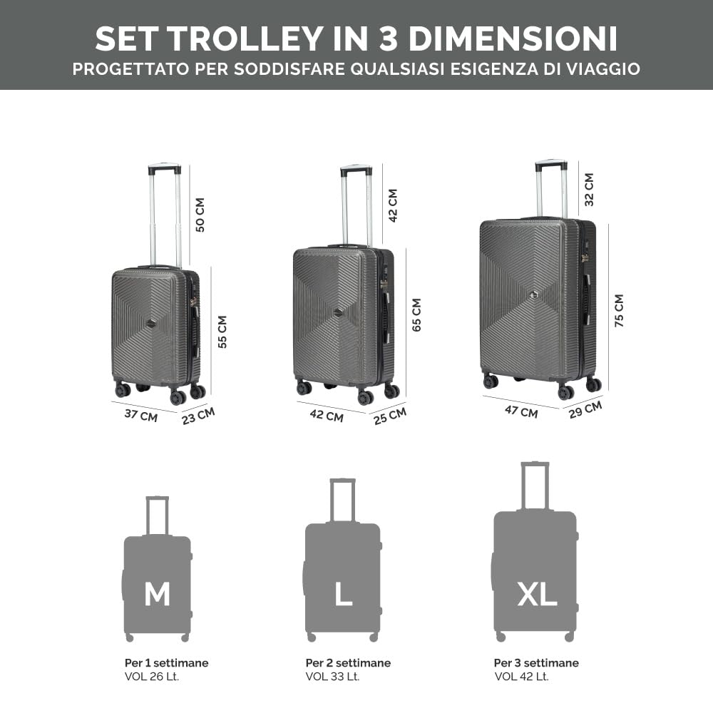 Convector Set 3 Trolley Da Viaggio, Valigie Rigide in Tre Dimensioni Con Ruote Girevoli a 360°, Lucchetto TSA e Struttura in ABS Doppio Strato, Antigraffio e Antiurto
