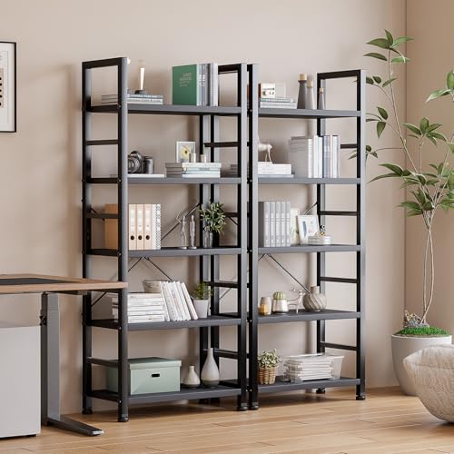Image of DUMOS 5 Tier Book Shelf Tall Modern Bookcase Set of 2 for Books, CDs, Movies, Storage and Organization Bookshelf Industrial Home Decor for Bedroom Office Kitchen Living Room, Black