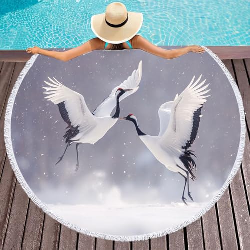 CDXNORA Toallas de Playa Grandes Redondas,Paisaje Invernal Toalla de Playa con Flecos, Manta de Picnic, Manta Camping, Toalla de Microfibra, 150cm(59 Inch) Grúa