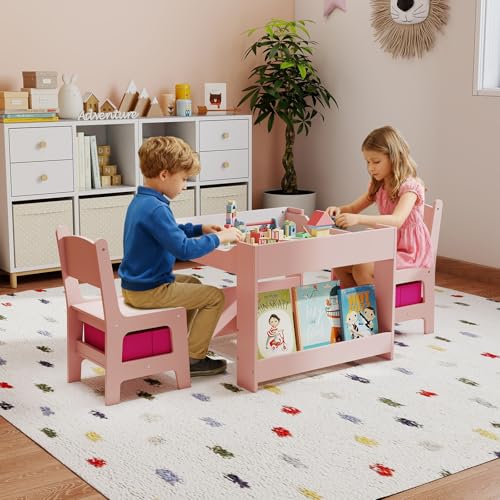 Image of GLACER Kids Table and Chairs, 3 in 1 Craft Table with Storage, Detachable Tabletop, Removable Blackboard for Children Drawing, Reading, Toddler Table and Chair Set for Playroom (White + Pink)