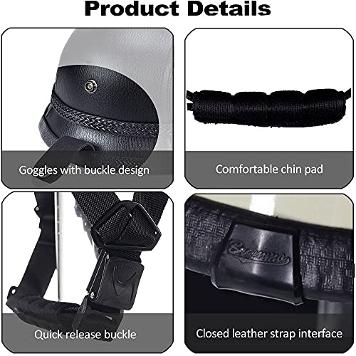 Motorcycle German Leather Half Face Helmet,100% Dot/Ece Approved Cap Half Shell Helmet+Goggles Retro Open-Face Helmet With Adjustable Quick Release Buckle For Cruiser #TOP5
