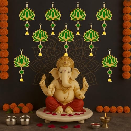 Image of ARLICORPING Wooden Lotus Wall Hanging for Festive Decoration - Diwali, Ganpati, Pooja Room, Mandir, Living Room, Door, Hall, Entrance, Spiritual Decor (Lotus + Bell-Green, Pack of 2)
