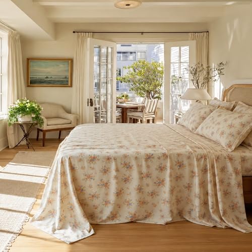 Image of FADFAY Queen Sheet Set 100% Double Gauze Cotton 4Pcs - Breathable & Cooling Muslin Sheets-Soft Cream Floral Bed Sheets for Hot Sleepers, All-Season Comfort