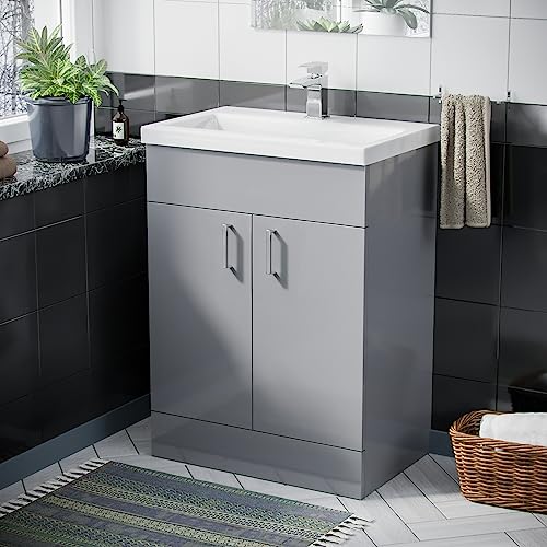 Image of Nes Home 600mm Freestanding Grey Vanity Unit With Basin