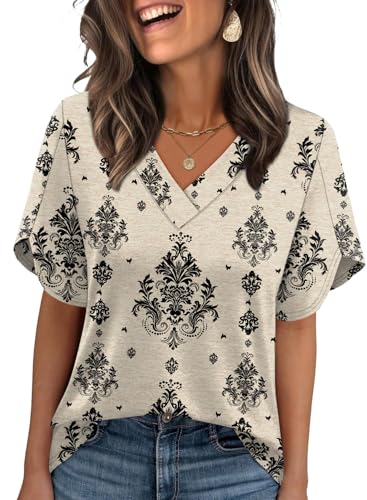 Image of WIHOLL Womens Summer Tops Short Petal Sleeve Shirts Fashion V Neck Womens Clothing