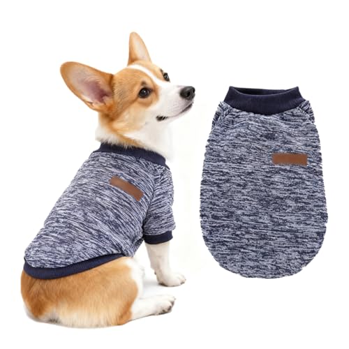犬用セーター、中小型犬、冬、ペット服、防寒、保温、着脱しやすく、脱毛防止、快適、ファッション、かわいい、ファト/柴犬/テディなどの犬種に適しており、散歩/運動/遊び/犬の散歩に適している (ネイビーブルー, L)