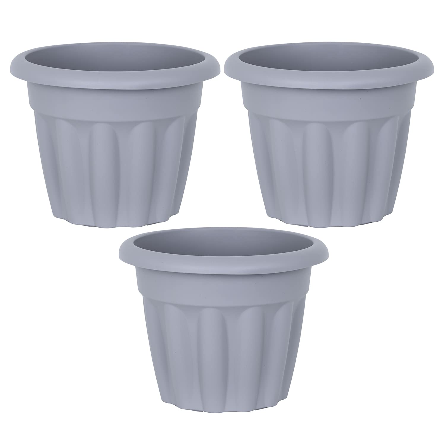 Plastic Round Planter Garden Round Pot Nursery Herb & Plants Flower Planters with Drainage Holes for Indoor Outdoor (25 CM / 4.5 Litre) (Pack of 3, Grey)
