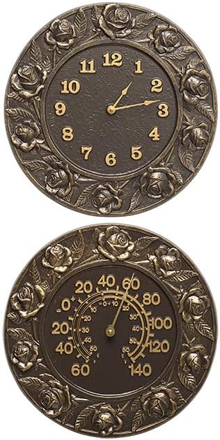 BestNest Whitehall Rose Clock & Thermometer Set, French Bronze Aluminum Wall Decor, 12 Inch Analog Clock with Dial Thermometer, Raised Rose Design for Indoor or Outdoor Use