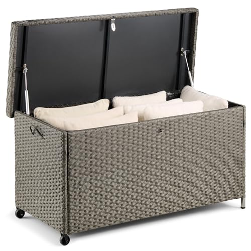 VonHaus Garden Storage Box 290L - Grey Rattan Outdoor Cushion Storage Box with Lockable Lid - Weatherproof Garden Container with Waterproof Liner Gas Lift Hinges Wheels & Carry Handle - Bali